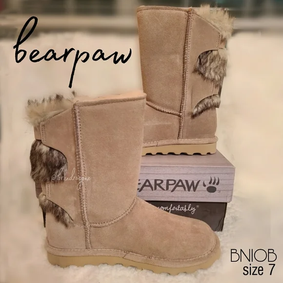 NWT BearPaw Winter Fall Snow Boot Oat & Fur Booties Slipon Boots - Picture 15 of 15